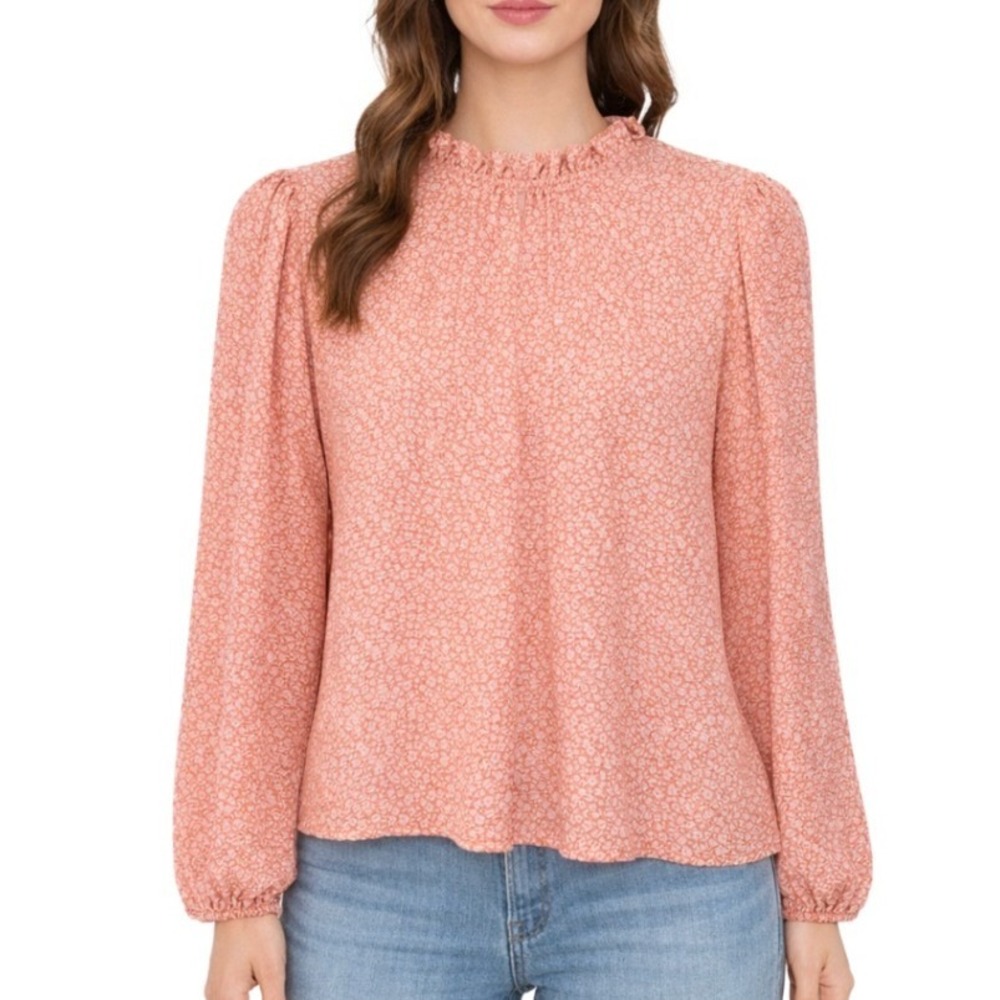 BB Dakota Steve Madden Womens Floral Ruffle Neck Puff Sleeve Blouse Pink Size M